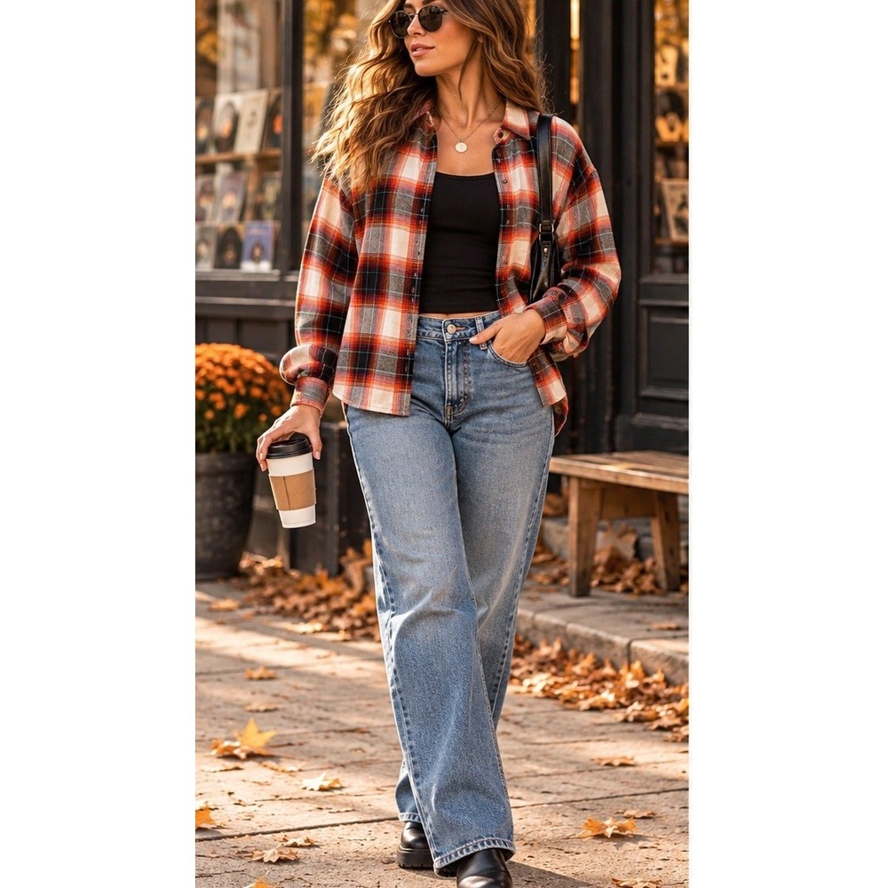 American Eagle Womens L Seriously Soft Plaid Flannel Oversized Boxy Shirt